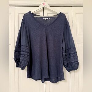 Chico’s Navy Blue Puff Sleeve Linen Blouse Modest Contemporary Minimalist XL